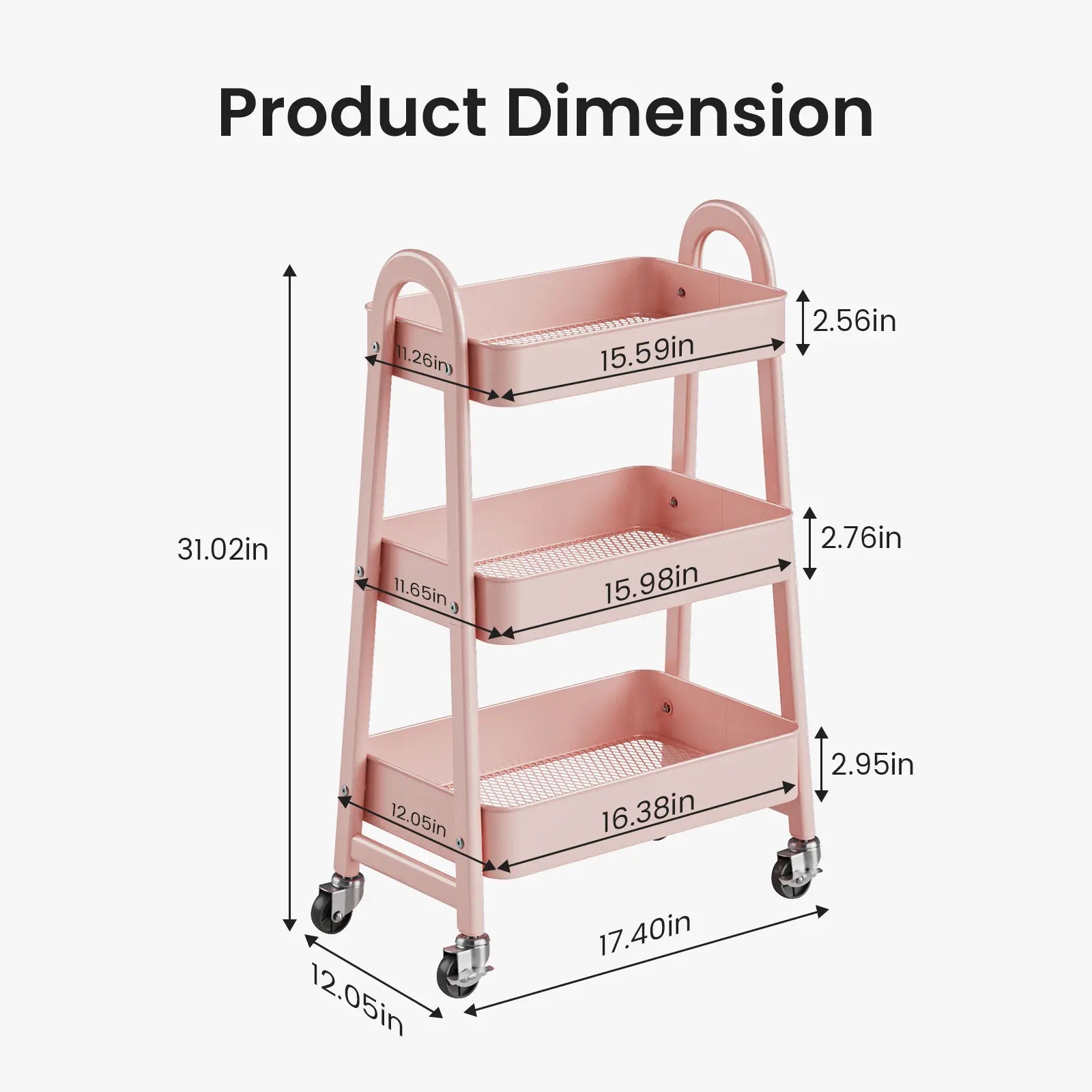 Space Saving 3-Tier Rolling Utility Trolley, Metal Storage Rack for Kitchen Bedroom Organization