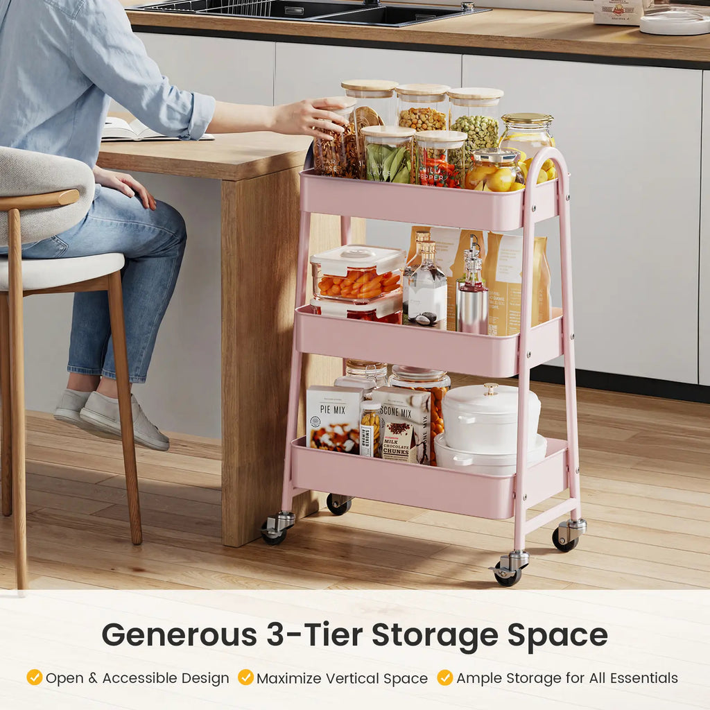 Space Saving 3-Tier Rolling Utility Trolley, Metal Storage Rack for Kitchen Bedroom Organization