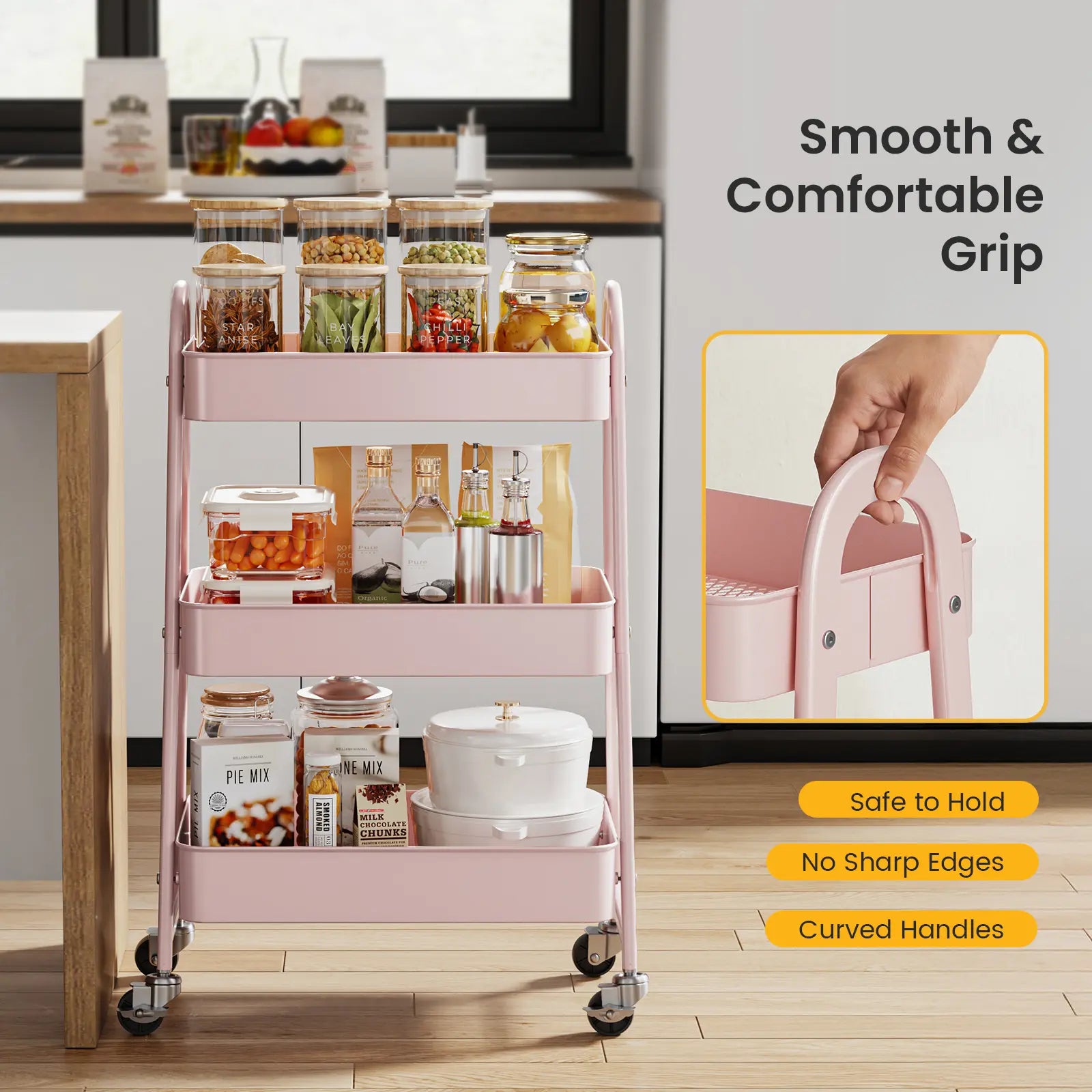Space Saving 3-Tier Rolling Utility Trolley, Metal Storage Rack for Kitchen Bedroom Organization