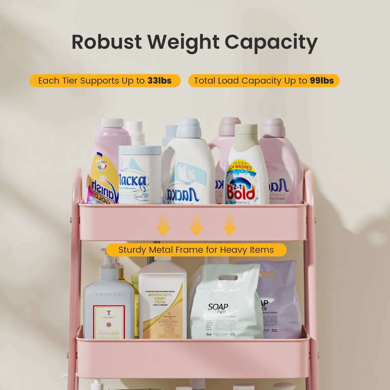 Space Saving 3-Tier Rolling Utility Trolley, Metal Storage Rack for Kitchen Bedroom Organization