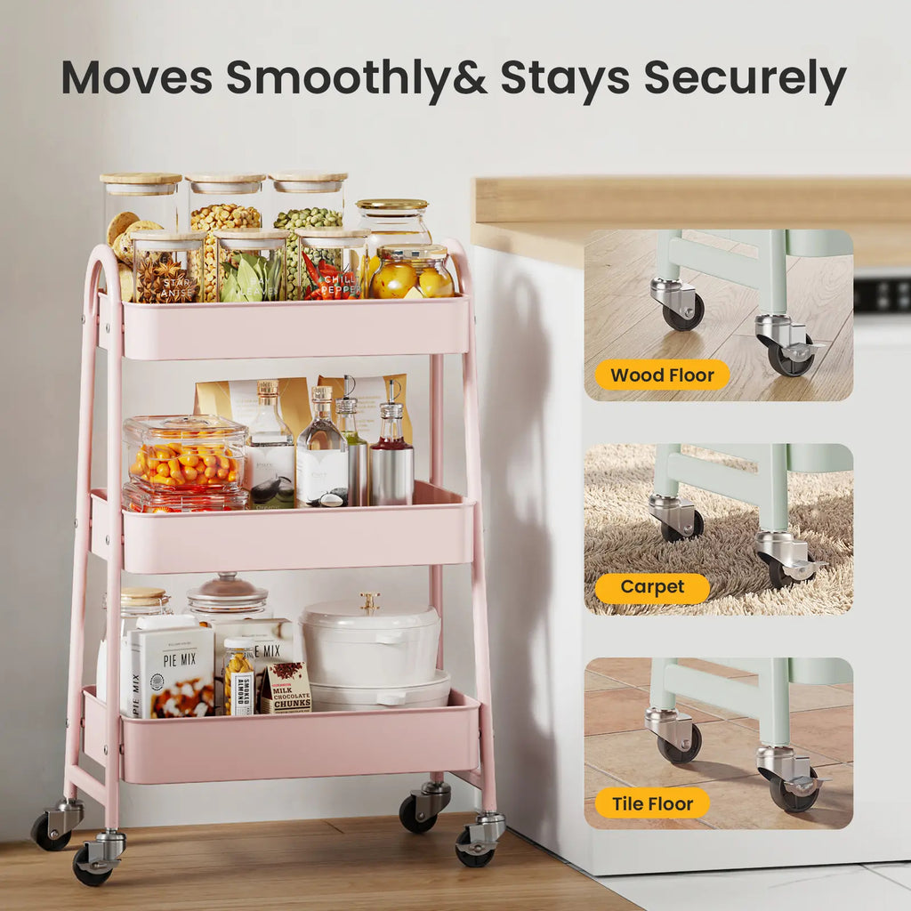 Space Saving 3-Tier Rolling Utility Trolley, Metal Storage Rack for Kitchen Bedroom Organization