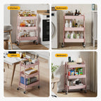 Space Saving 3-Tier Rolling Utility Trolley, Metal Storage Rack for Kitchen Bedroom Organization