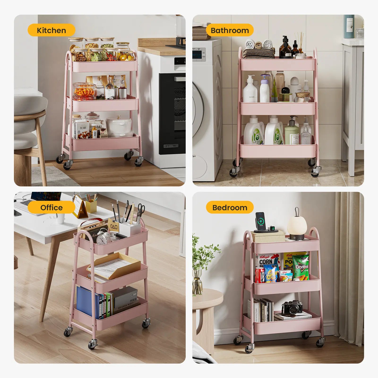 Space Saving 3-Tier Rolling Utility Trolley, Metal Storage Rack for Kitchen Bedroom Organization