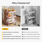 Space Saving 3-Tier Rolling Utility Trolley, Metal Storage Rack for Kitchen Bedroom Organization