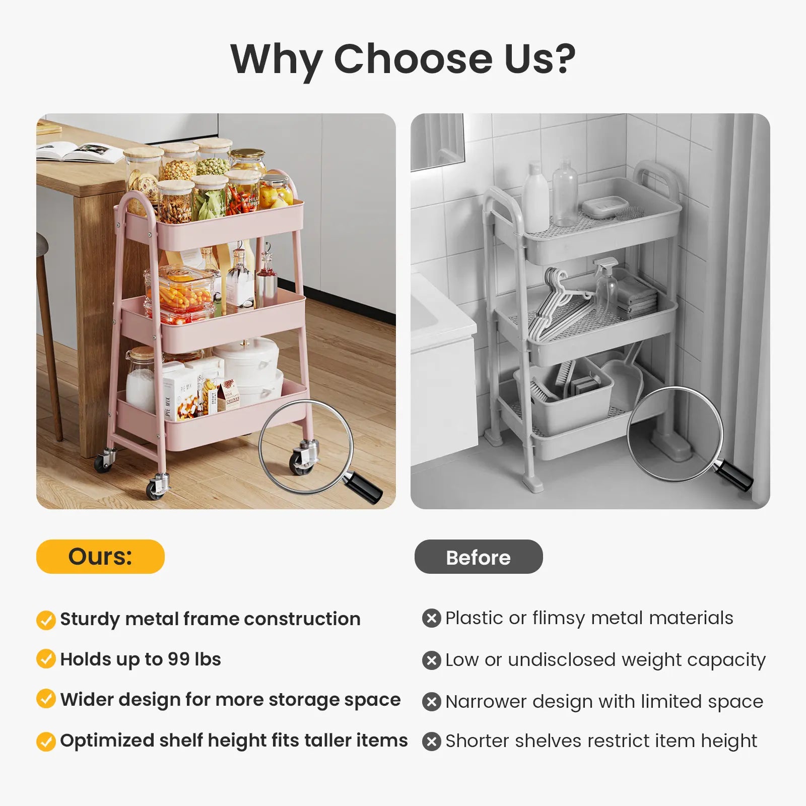 Space Saving 3-Tier Rolling Utility Trolley, Metal Storage Rack for Kitchen Bedroom Organization