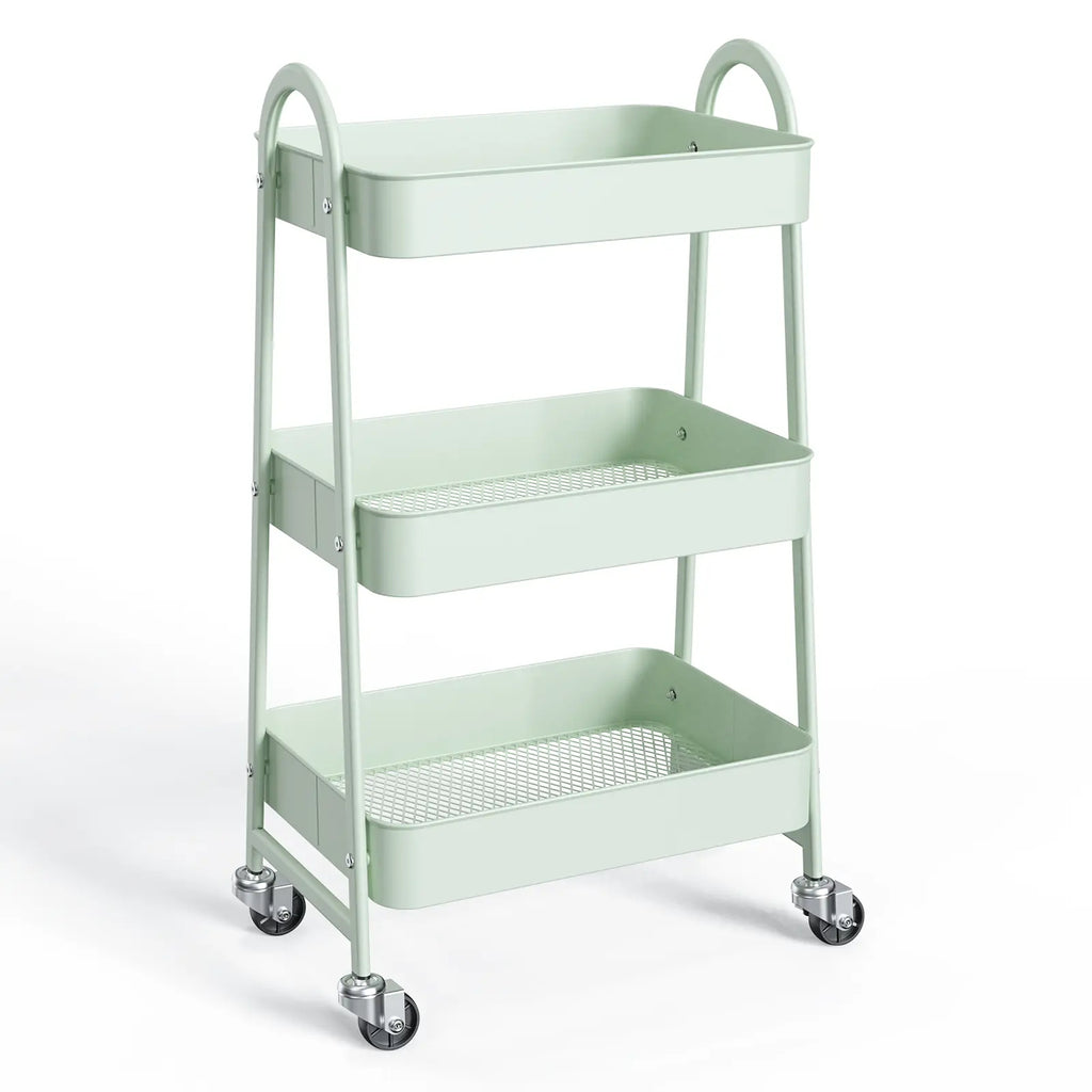 Space Saving 3-Tier Rolling Utility Trolley, Metal Storage Rack for Kitchen Bedroom Organization