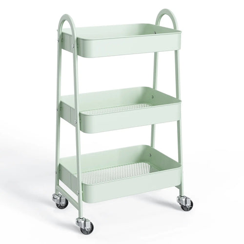 Space Saving 3-Tier Rolling Utility Trolley, Metal Storage Rack for Kitchen Bedroom Organization