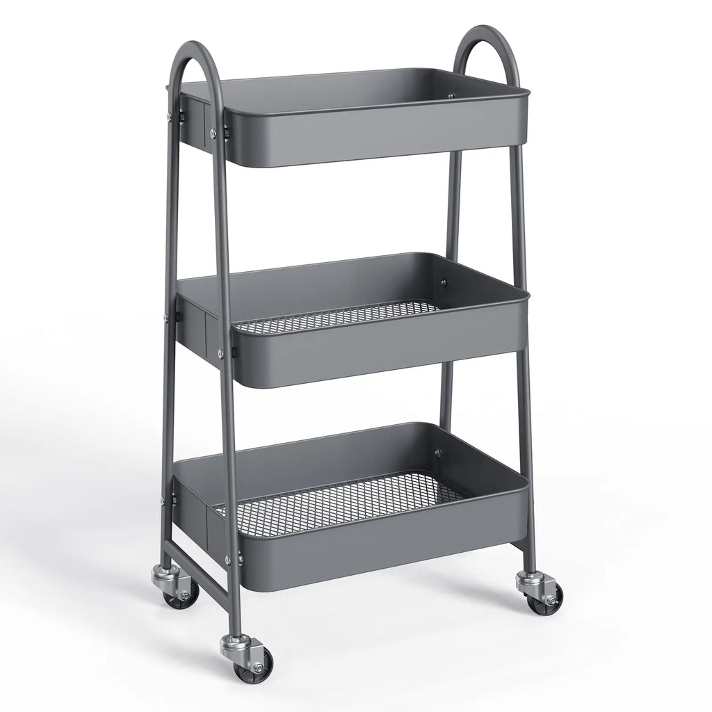 Space Saving 3-Tier Rolling Utility Trolley, Metal Storage Rack for Kitchen Bedroom Organization