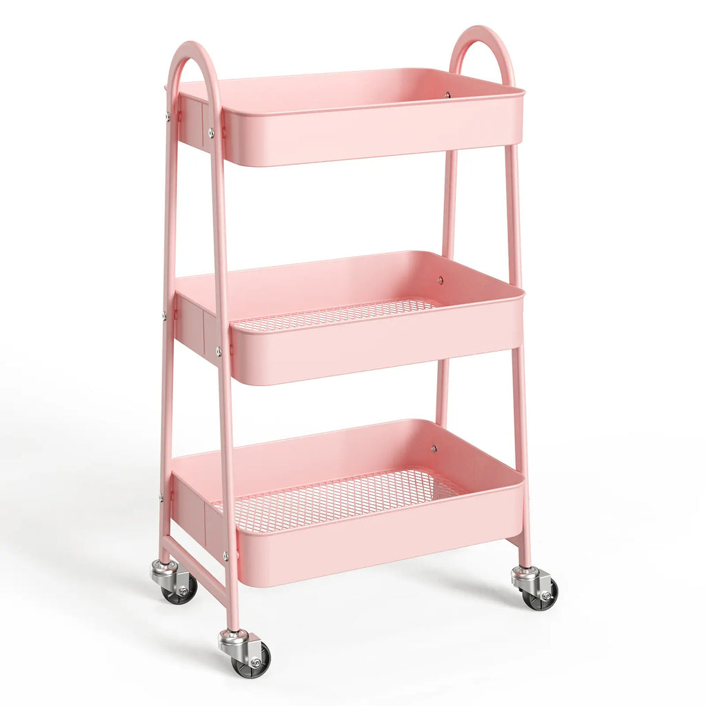 Space Saving 3-Tier Rolling Utility Trolley, Metal Storage Rack for Kitchen Bedroom Organization